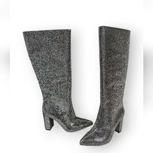 New INC Tall Sparke Boots Paiton Block Heel Pewter Crystal Womens Size 5 Party